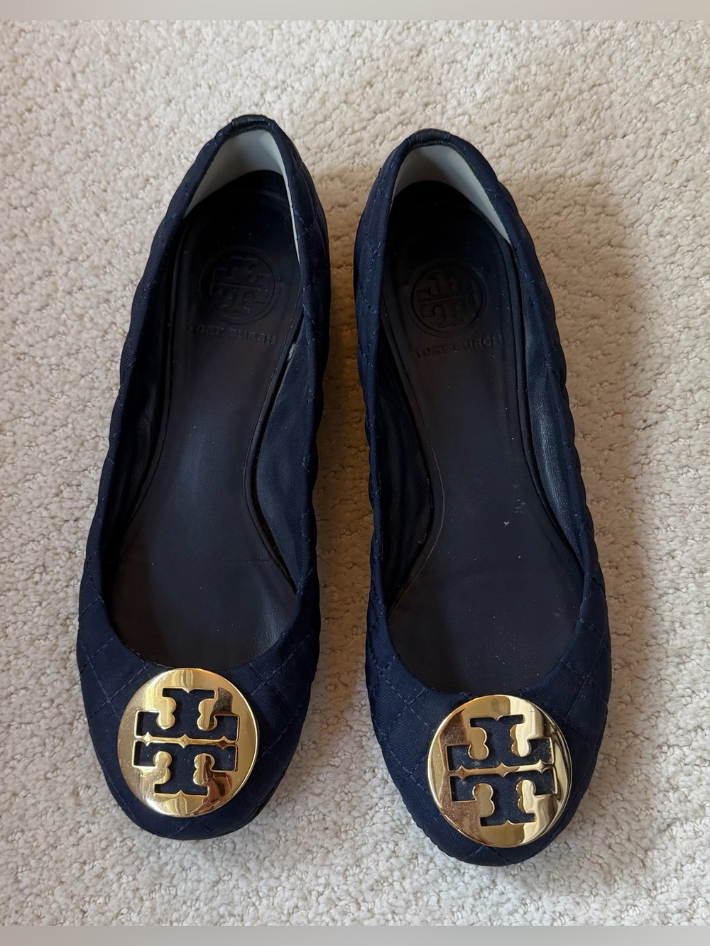 Tory Burch Navy Quilted Ballet Flats with Gold Logo Medallions